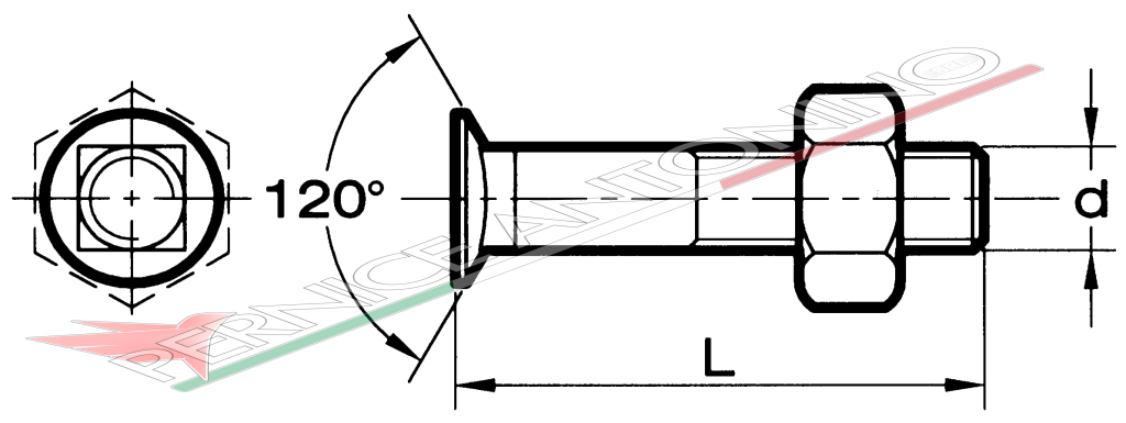 Plough bolt with reduced and countersunk head with underhead square