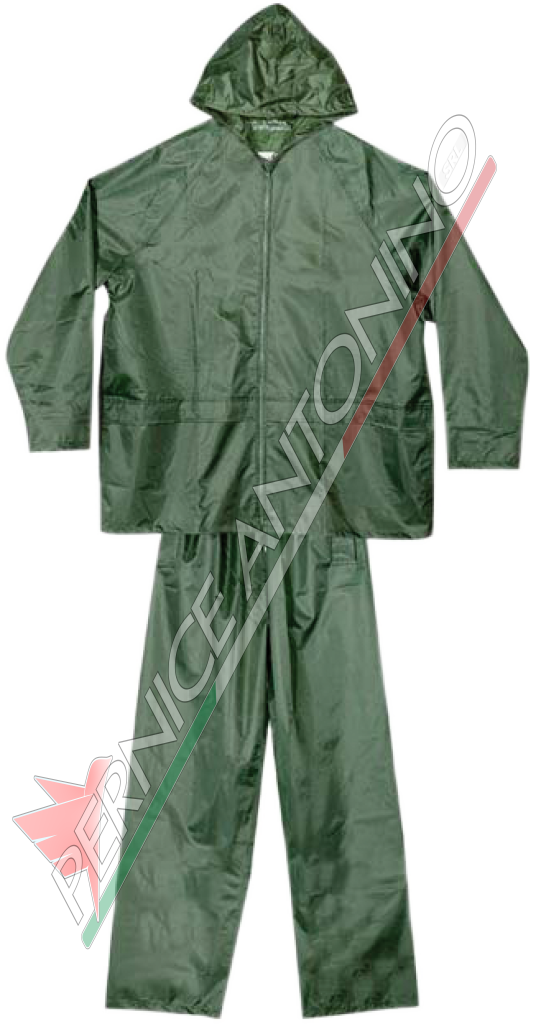 WATERPROOF OUTFIT COMPRISING JACKET AND PANTS IN PVC-COATED GREEN NYLON